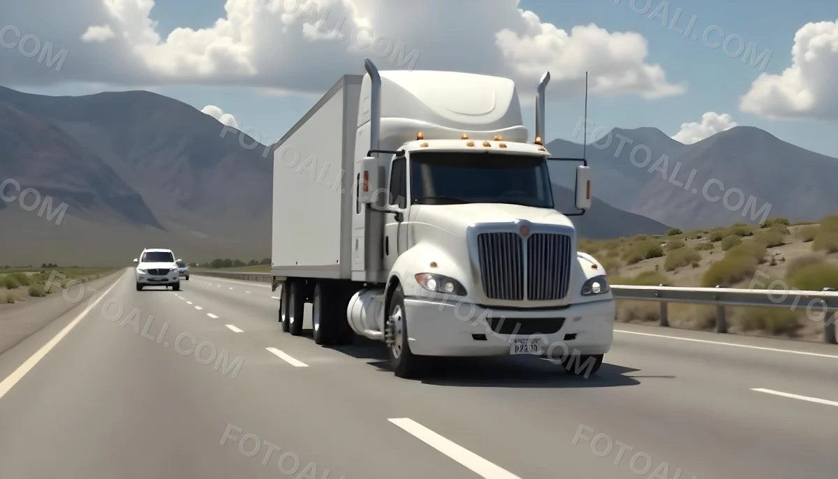 White Semi Truck On A Highway With Mountains In The Background Cloudy Sky Other Cars In The Distance Sunny Day Asphalt Road 47 5d2d