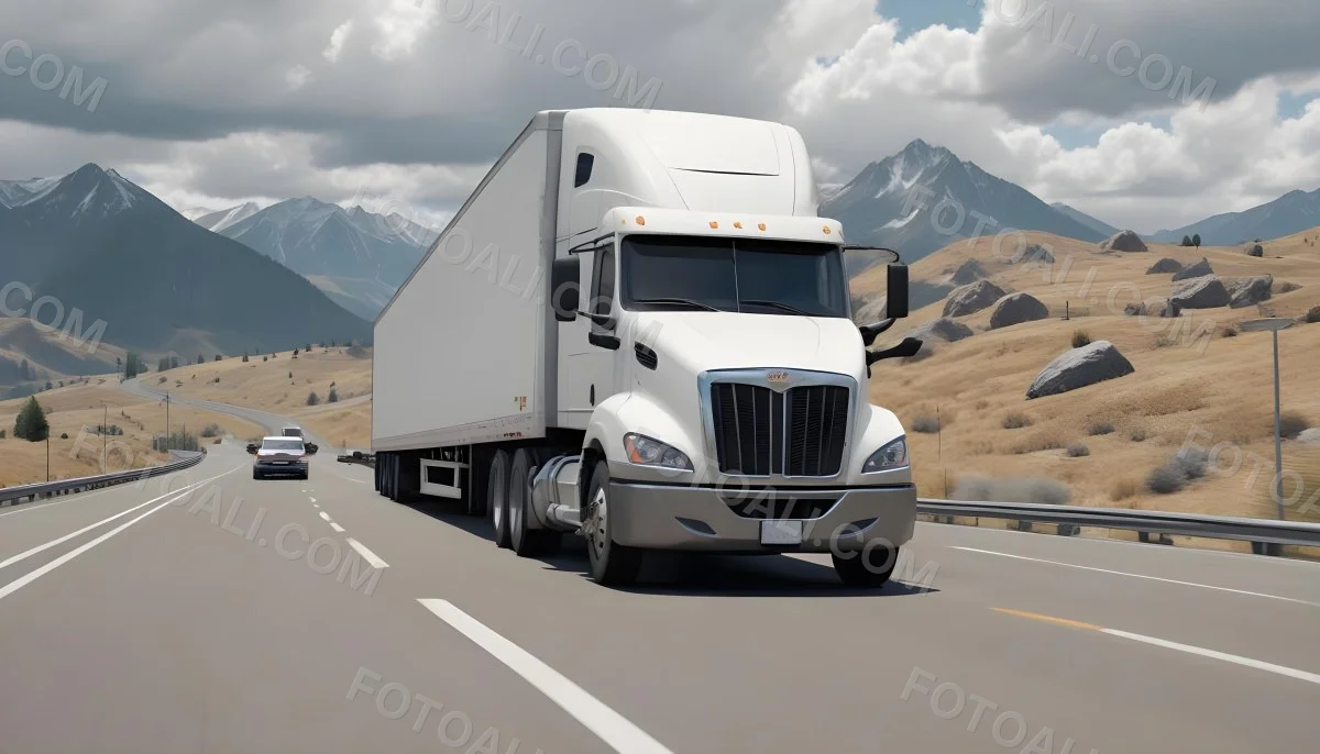 White Semi Truck On A Highway With Mountains In The Background Cloudy Sky Other Cars In The Distance Sunny Day Asphalt Road 48 421d