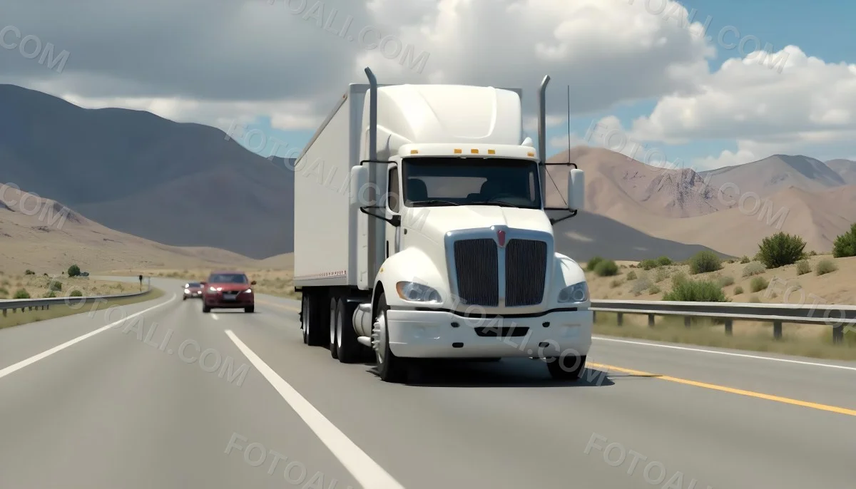 White Semi Truck On A Highway With Mountains In The Background Cloudy Sky Other Cars In The Distance Sunny Day Asphalt Road 5 Af5d