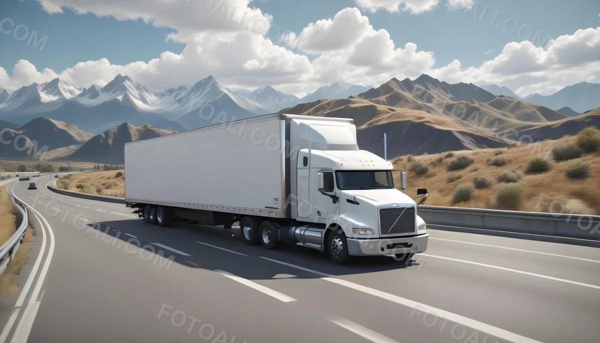 White Semi Truck On A Highway With Mountains In The Background Cloudy Sky Other Cars In The Distance Sunny Day Asphalt Road 6 E3a5