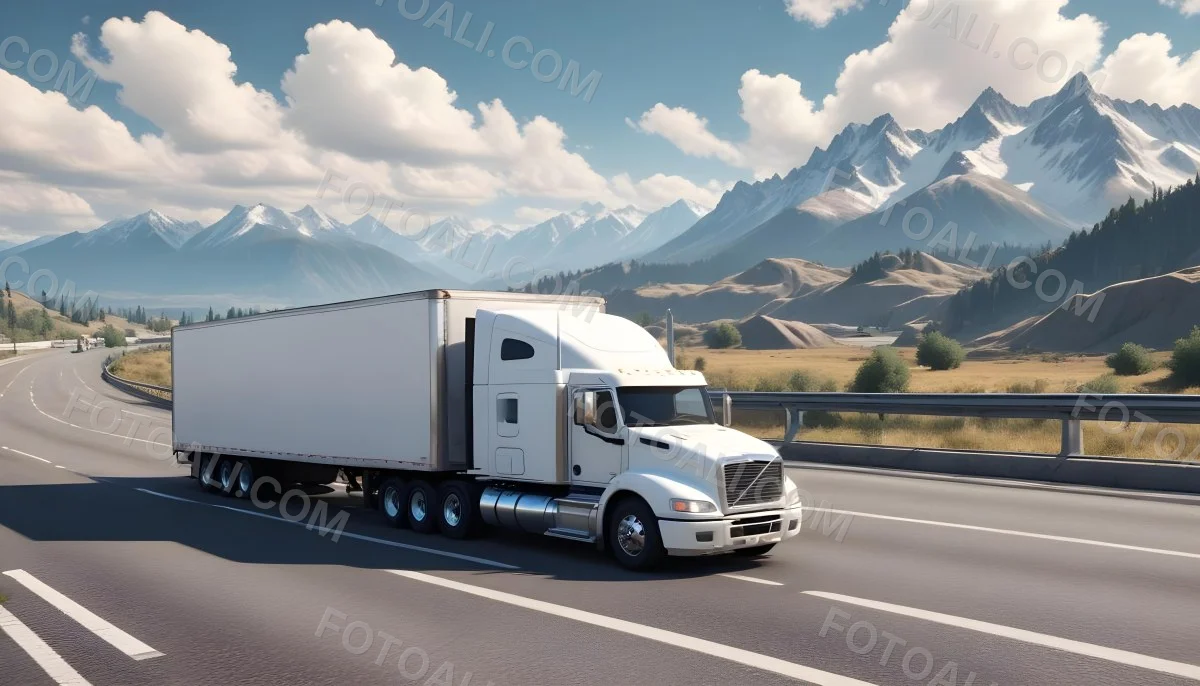 White Semi Truck On A Highway With Mountains In The Background Cloudy Sky Other Cars In The Distance Sunny Day Asphalt Road 8 80e0