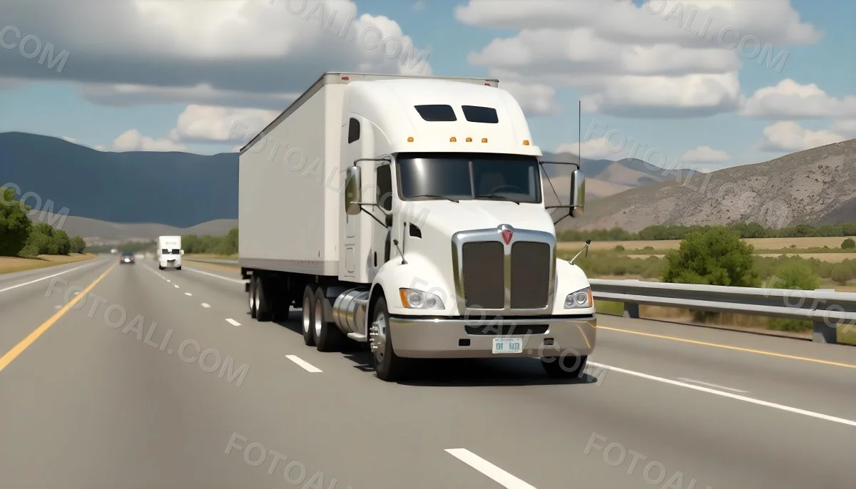 White Semi Truck On A Highway With Mountains In The Background Cloudy Sky Other Cars In The Distance Sunny Day Asphalt Road 9 957c
