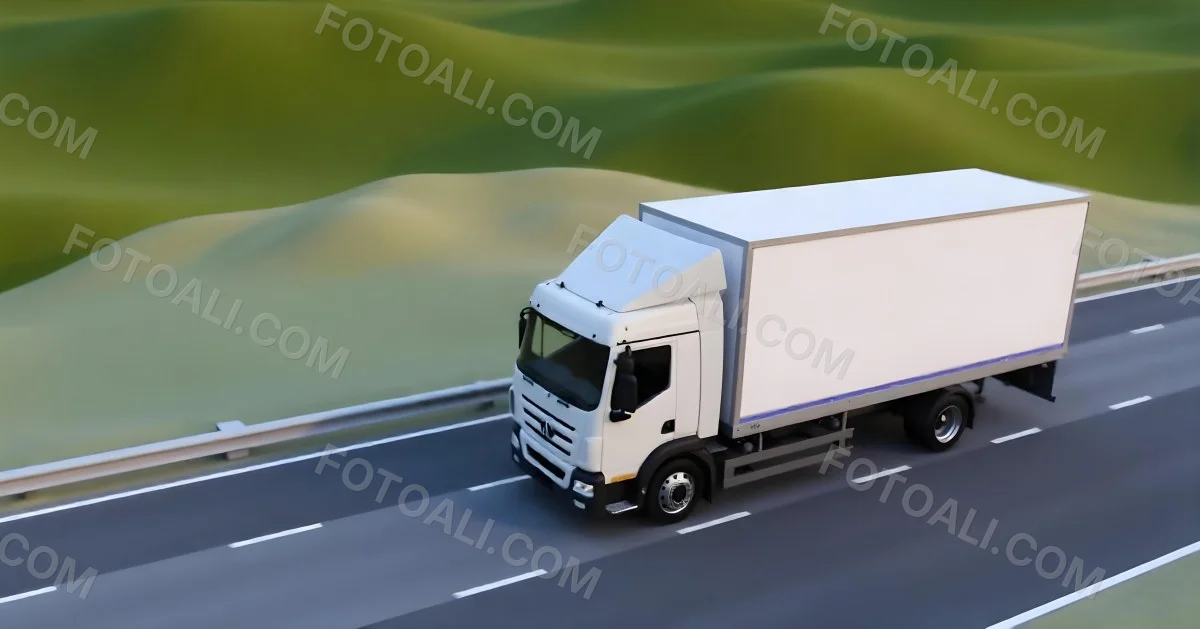 White Truck On The Road With A Green Container Green Hills In The Background Sunny Day Commercial Transport Highway 16 A0a0