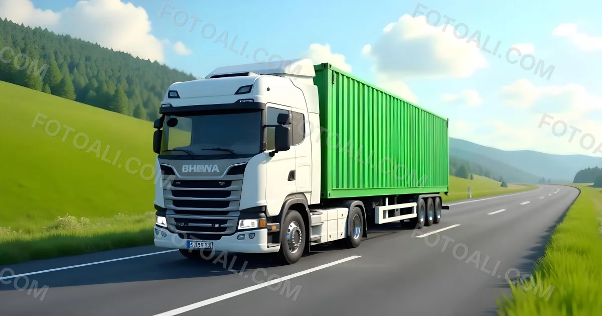 White Truck On The Road With A Green Container Green Hills In The Background Sunny Day Commercial Transport Highway 2 8f72