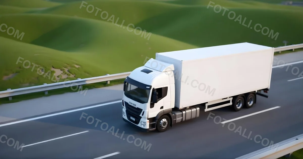 White Truck On The Road With A Green Container Green Hills In The Background Sunny Day Commercial Transport Highway 25 Fcc6