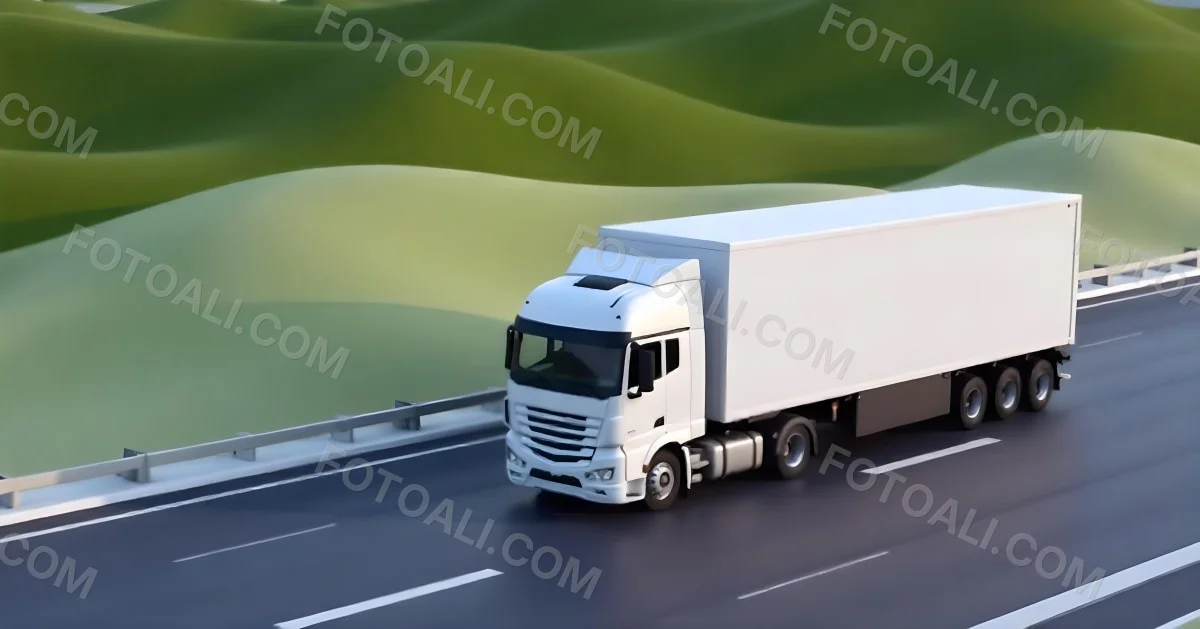 White Truck On The Road With A Green Container Green Hills In The Background Sunny Day Commercial Transport Highway 29 E537