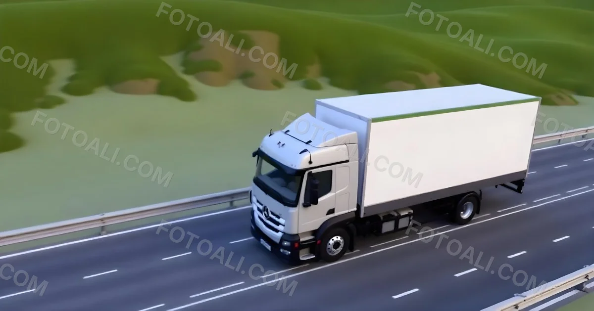 White Truck On The Road With A Green Container Green Hills In The Background Sunny Day Commercial Transport Highway 3 56cb