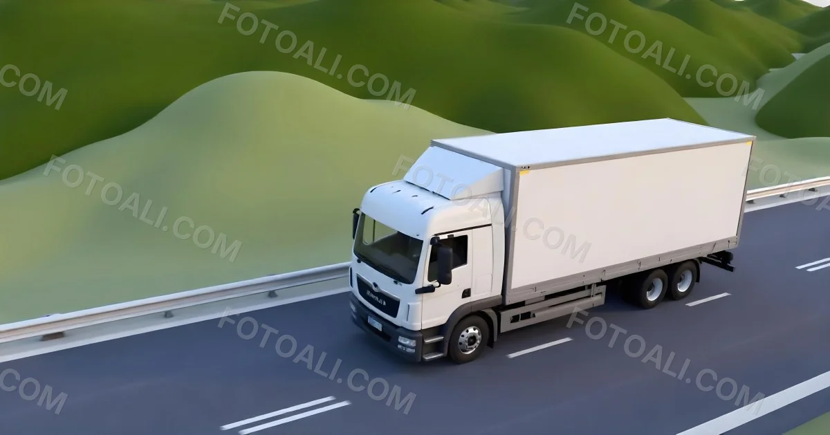 White Truck On The Road With A Green Container Green Hills In The Background Sunny Day Commercial Transport Highway 34 D4de