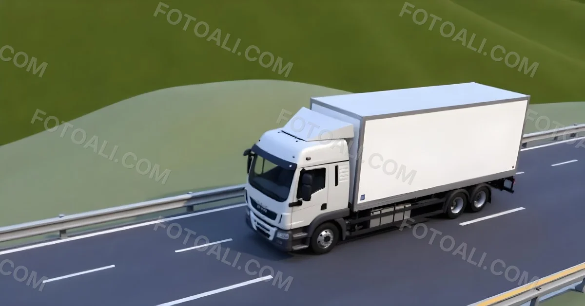 White Truck On The Road With A Green Container Green Hills In The Background Sunny Day Commercial Transport Highway 38 3664