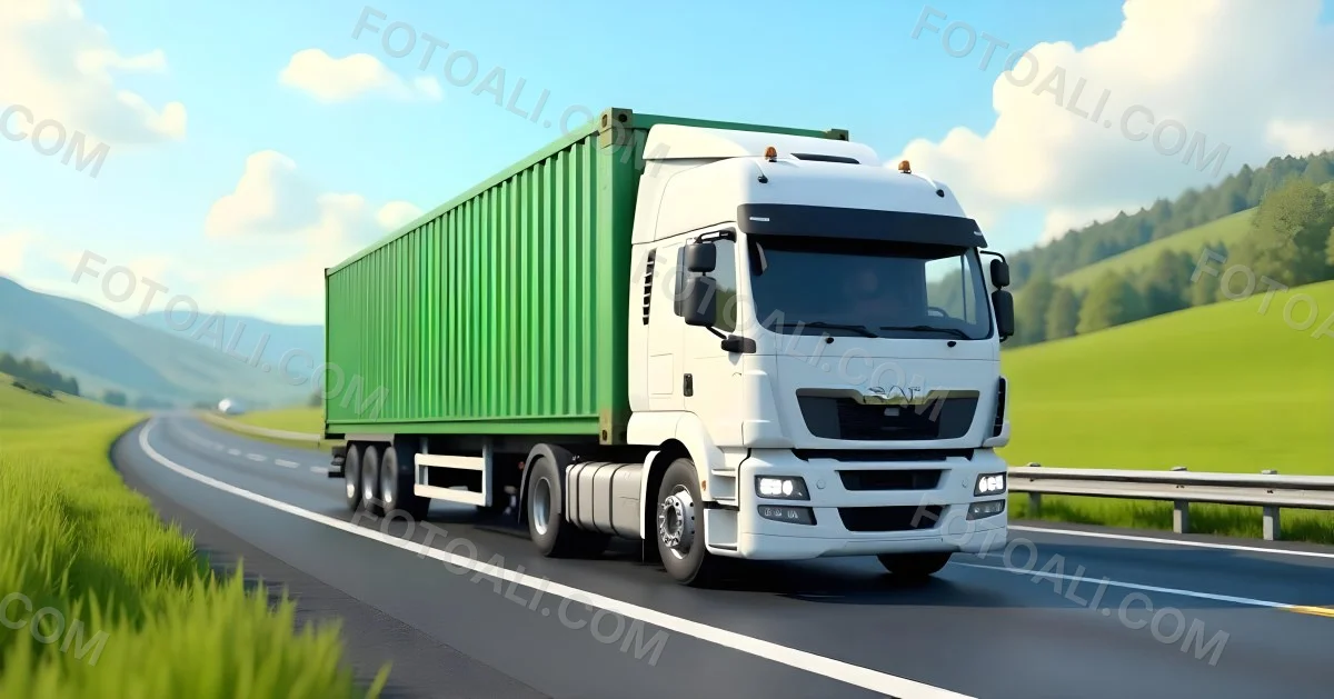 White Truck On The Road With A Green Container Green Hills In The Background Sunny Day Commercial Transport Highway 41 F063