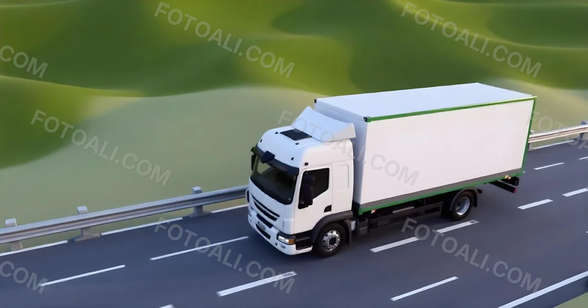 White Truck On The Road With A Green Container Green Hills In The Background Sunny Day Commercial Transport Highway 43 1752