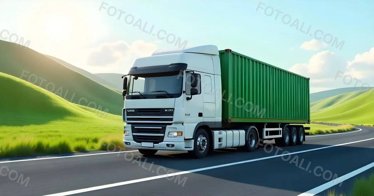 White Truck On The Road With A Green Container Green Hills In The Background Sunny Day Commercial Transport Highway 45 19dc