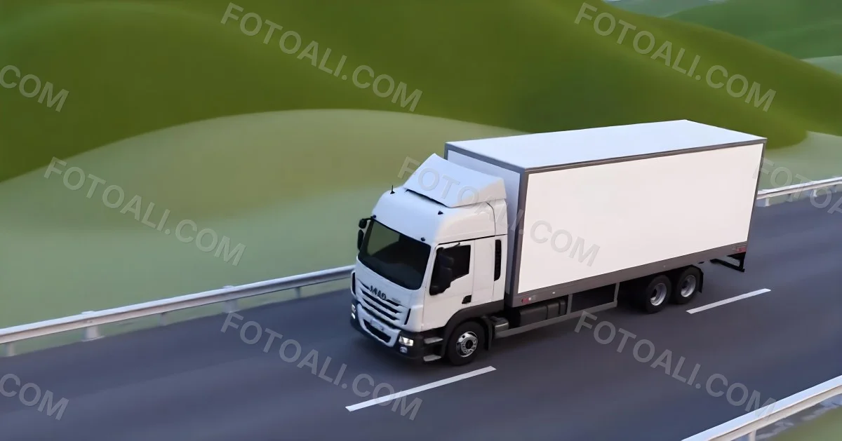 White Truck On The Road With A Green Container Green Hills In The Background Sunny Day Commercial Transport Highway 46 484f