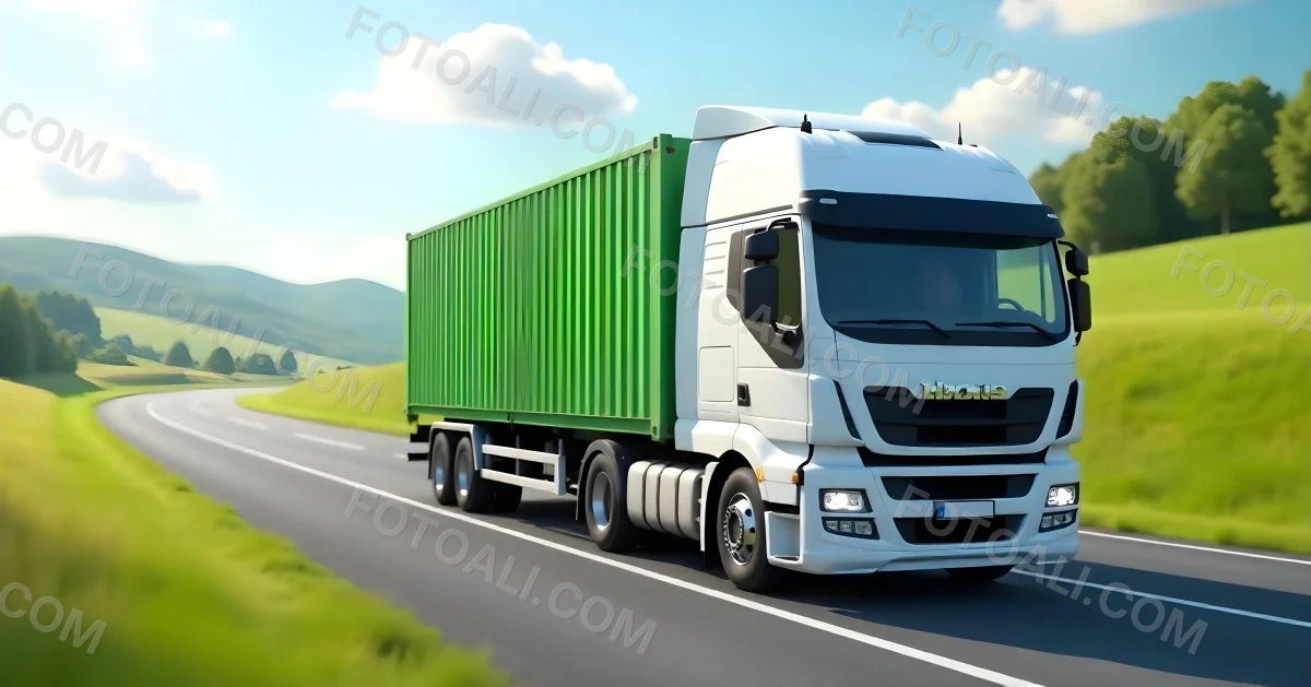White Truck On The Road With A Green Container Green Hills In The Background Sunny Day Commercial Transport Highway 48 35aa