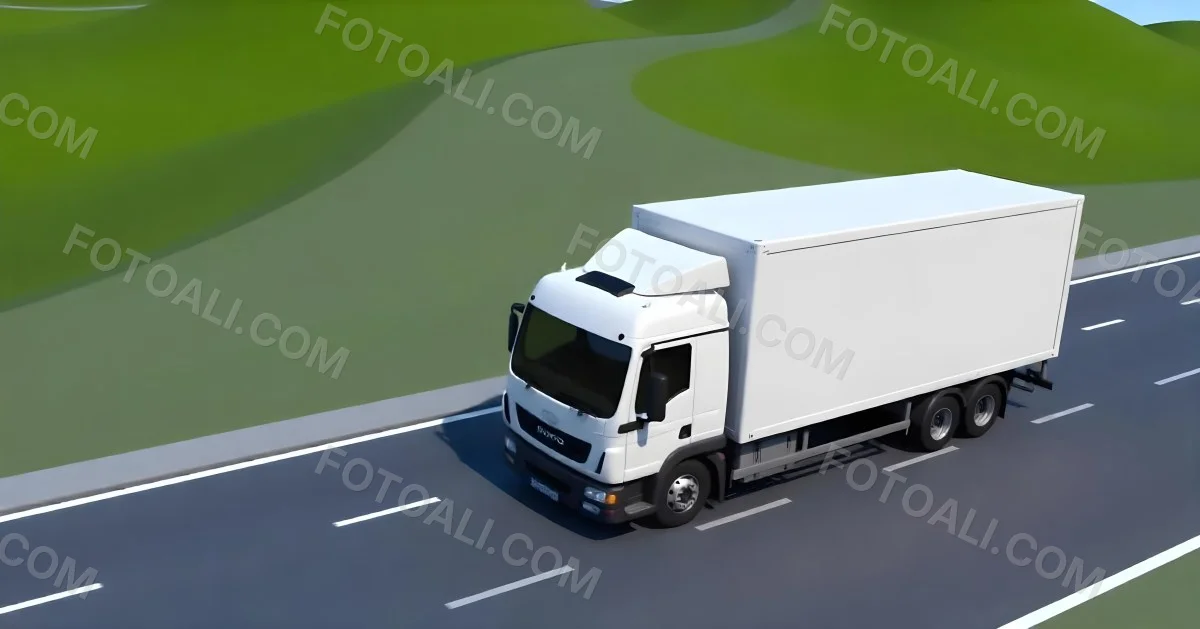 White Truck On The Road With A Green Container Green Hills In The Background Sunny Day Commercial Transport Highway 5 4d4d