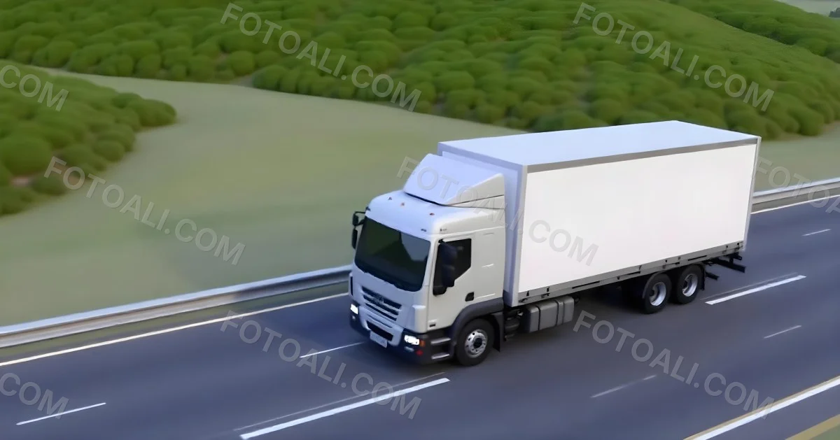 White Truck On The Road With A Green Container Green Hills In The Background Sunny Day Commercial Transport Highway 9 E93f