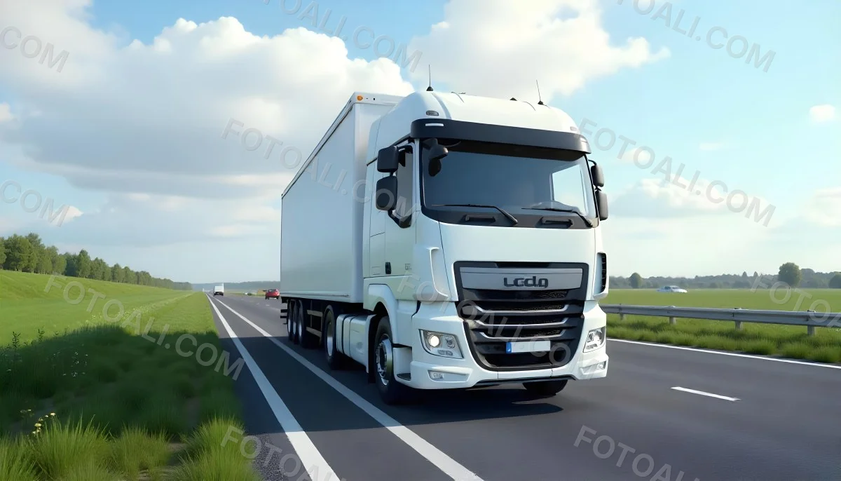 White Truck On The Road With Blue Lines Green Grass On The Left Cloudy Sky Some Cars In The Distance 1 Db9d