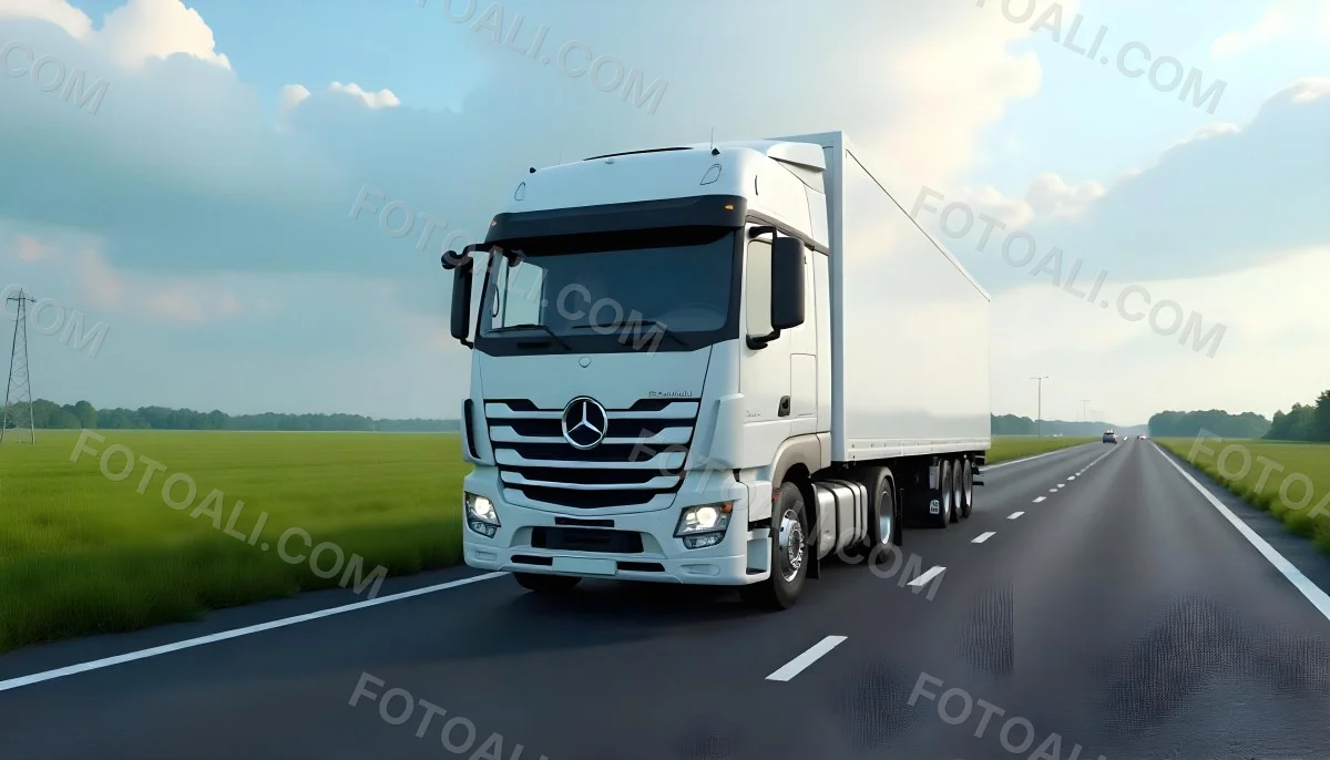 White Truck On The Road With Blue Lines Green Grass On The Left Cloudy Sky Some Cars In The Distance 13 0699