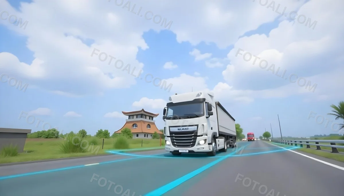 White Truck On The Road With Blue Lines Green Grass On The Left Cloudy Sky Some Cars In The Distance 16 87d7