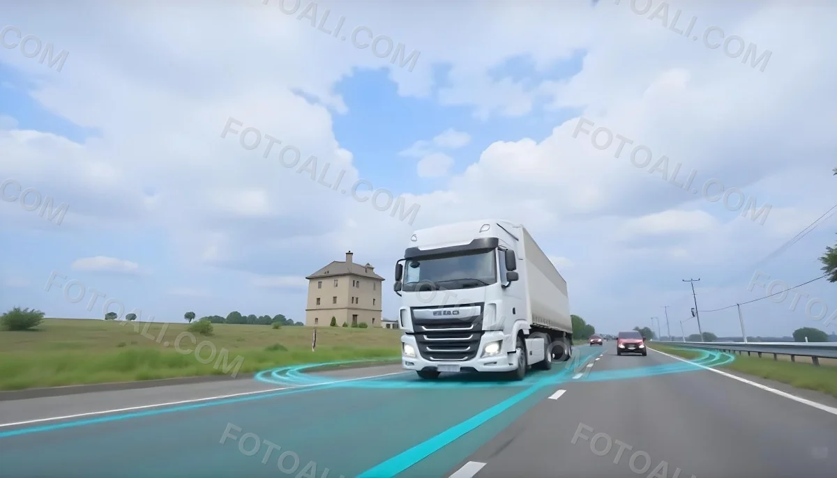 White Truck On The Road With Blue Lines Green Grass On The Left Cloudy Sky Some Cars In The Distance 2 8057