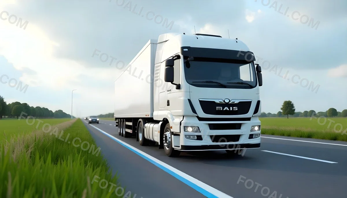 White Truck On The Road With Blue Lines Green Grass On The Left Cloudy Sky Some Cars In The Distance 23 52cb