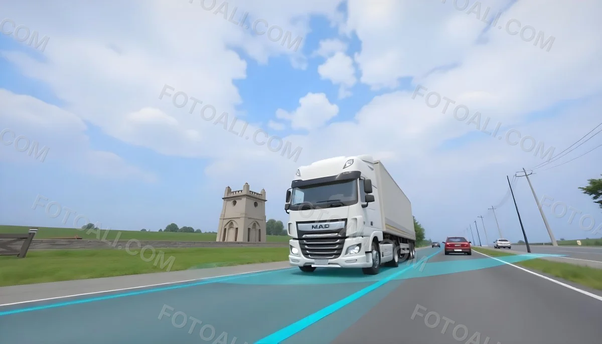 White Truck On The Road With Blue Lines Green Grass On The Left Cloudy Sky Some Cars In The Distance 24 12d1