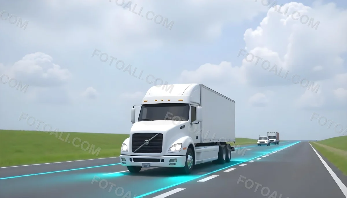 White Truck On The Road With Blue Lines Green Grass On The Left Cloudy Sky Some Cars In The Distance 26 B5df