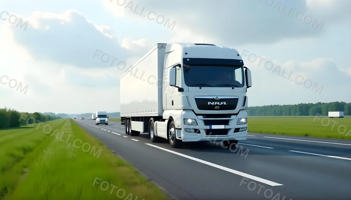 White Truck On The Road With Blue Lines Green Grass On The Left Cloudy Sky Some Cars In The Distance 27 B413