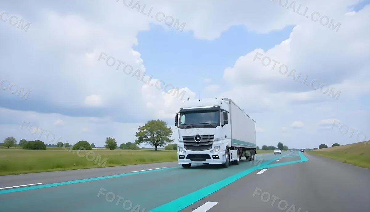 White Truck On The Road With Blue Lines Green Grass On The Left Cloudy Sky Some Cars In The Distance 28 3a99