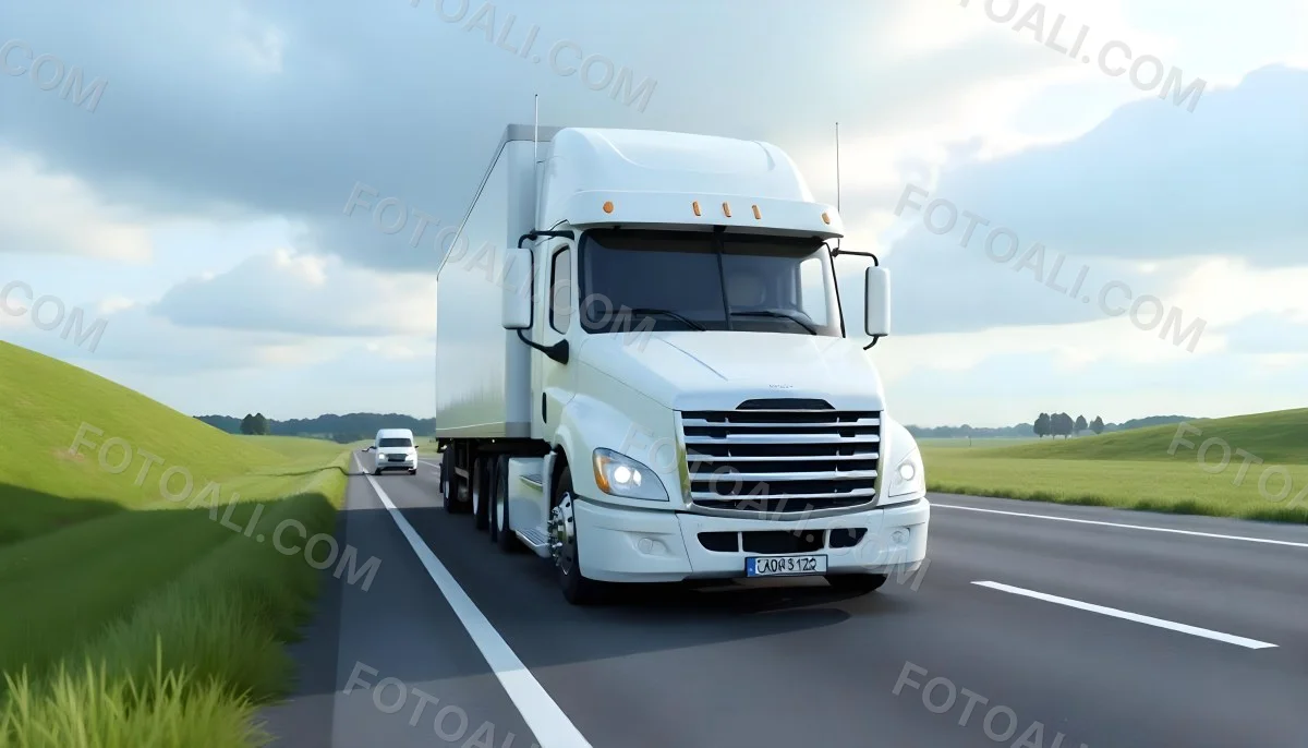 White Truck On The Road With Blue Lines Green Grass On The Left Cloudy Sky Some Cars In The Distance 3 1648