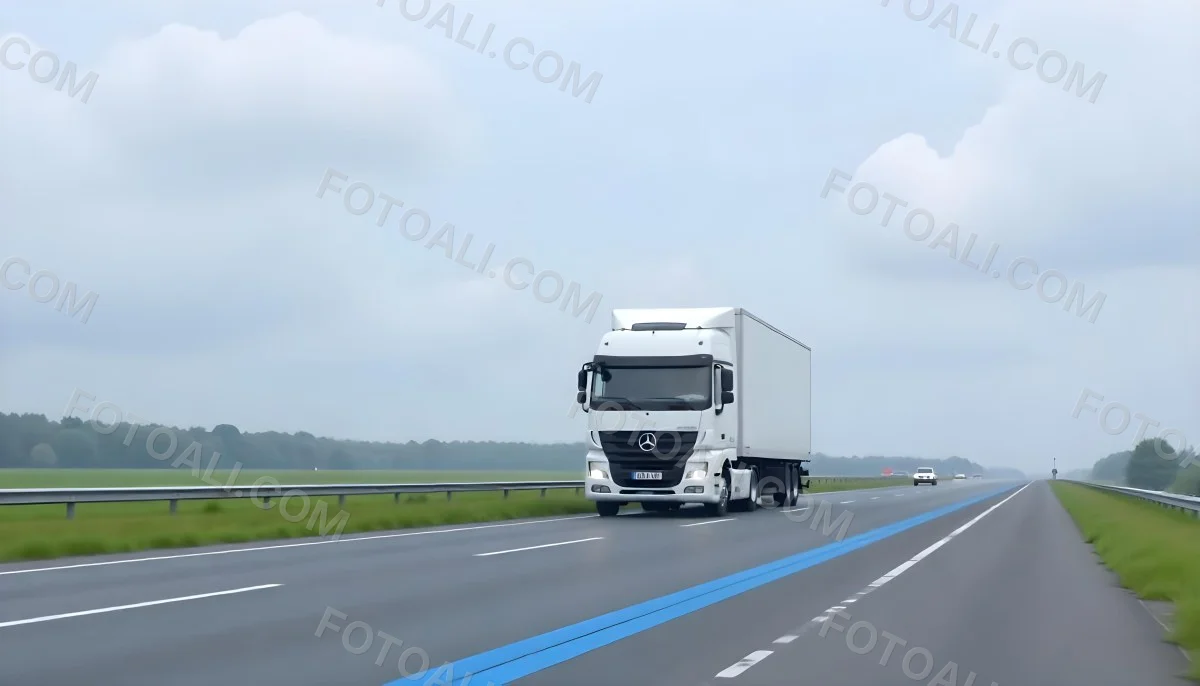 White Truck On The Road With Blue Lines Green Grass On The Left Cloudy Sky Some Cars In The Distance 4 442b