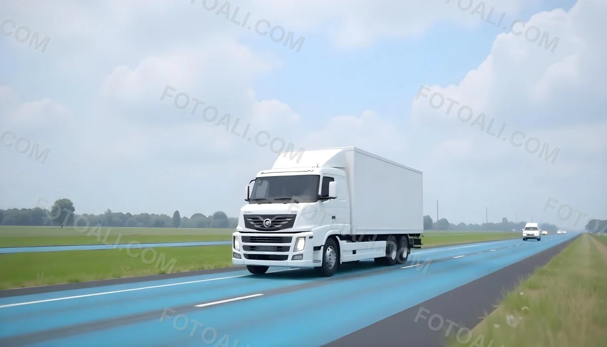 White Truck On The Road With Blue Lines Green Grass On The Left Cloudy Sky Some Cars In The Distance 6 9e58