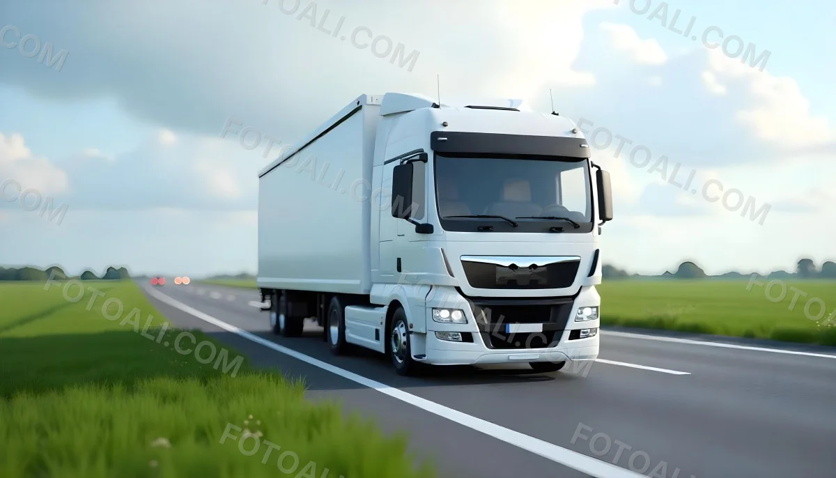 White Truck On The Road With Blue Lines Green Grass On The Left Cloudy Sky Some Cars In The Distance 7 75c4