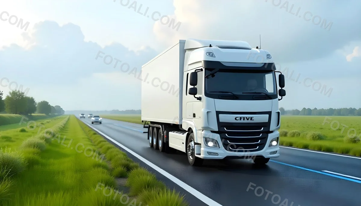 White Truck On The Road With Blue Lines Green Grass On The Left Cloudy Sky Some Cars In The Distance 9 Adac