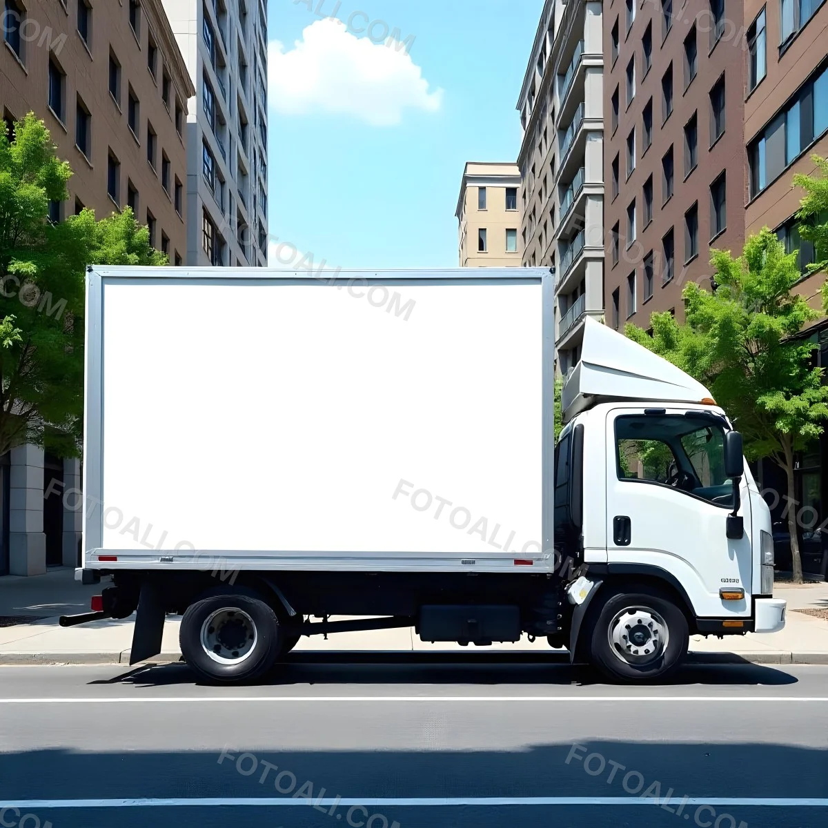 White Truck With A Blank Billboard On The Side Parked On The Street Buildings And Trees In The Background Sunny Day 11 B427