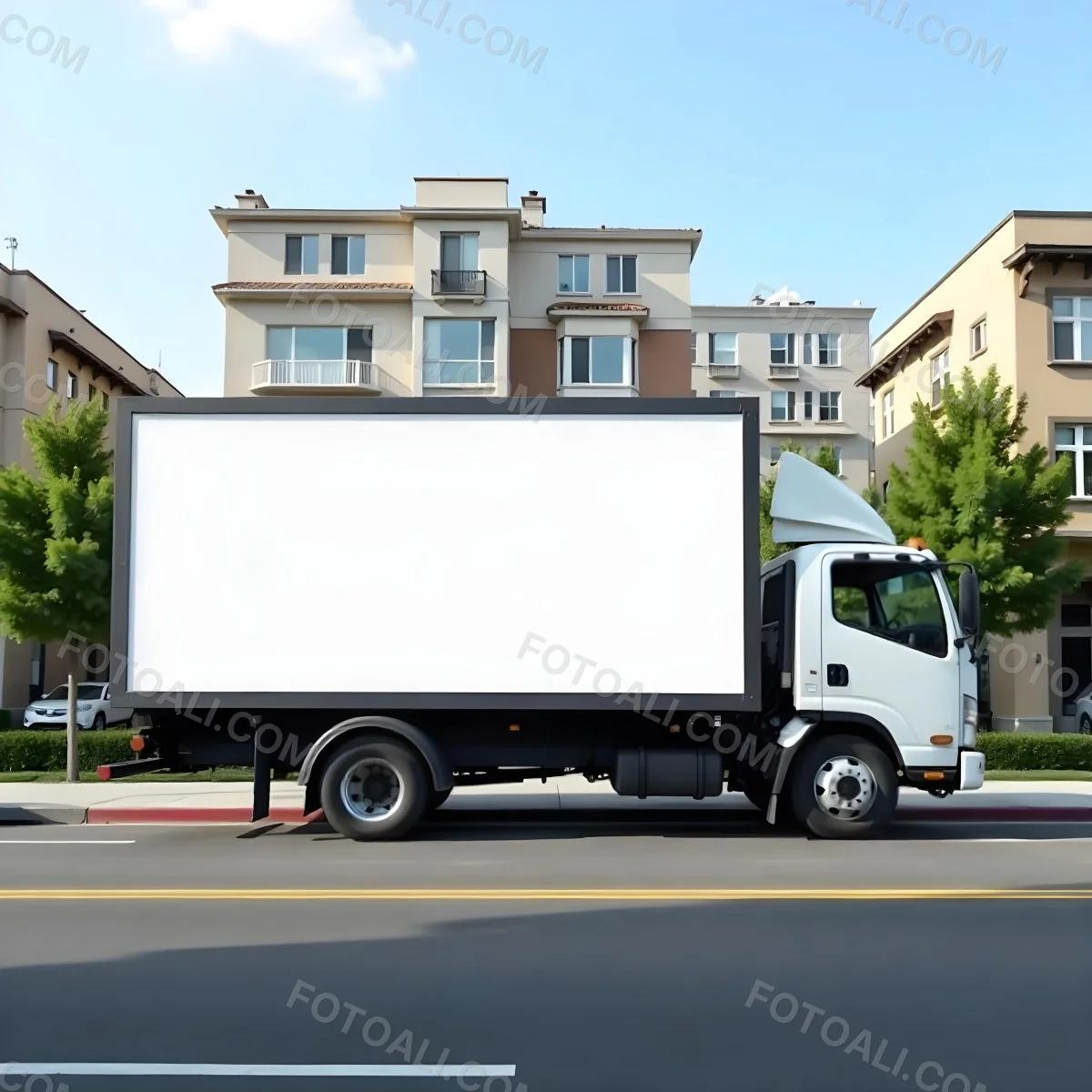 White Truck With A Blank Billboard On The Side Parked On The Street Buildings And Trees In The Background Sunny Day 15 79ee