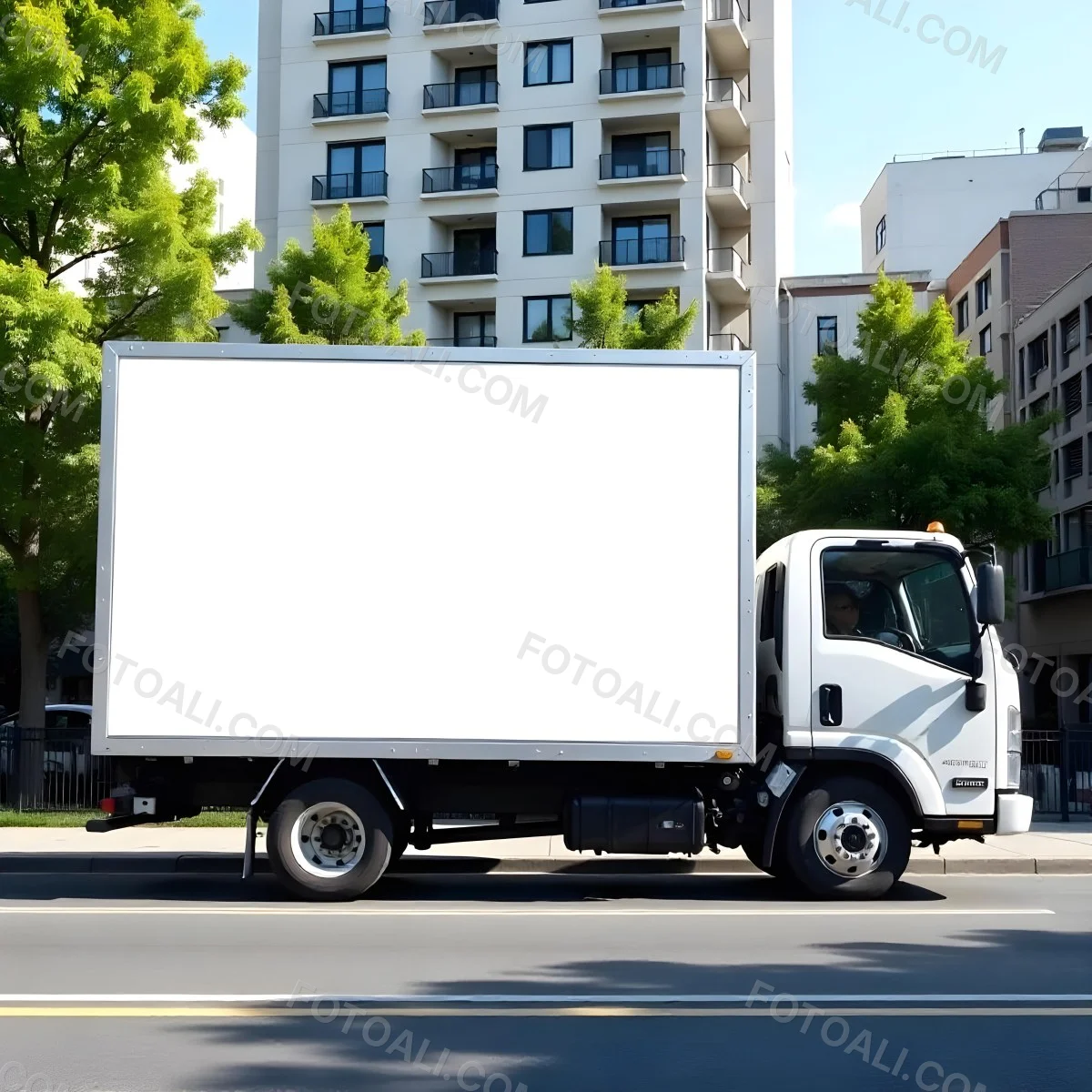 White Truck With A Blank Billboard On The Side Parked On The Street Buildings And Trees In The Background Sunny Day 17 De43