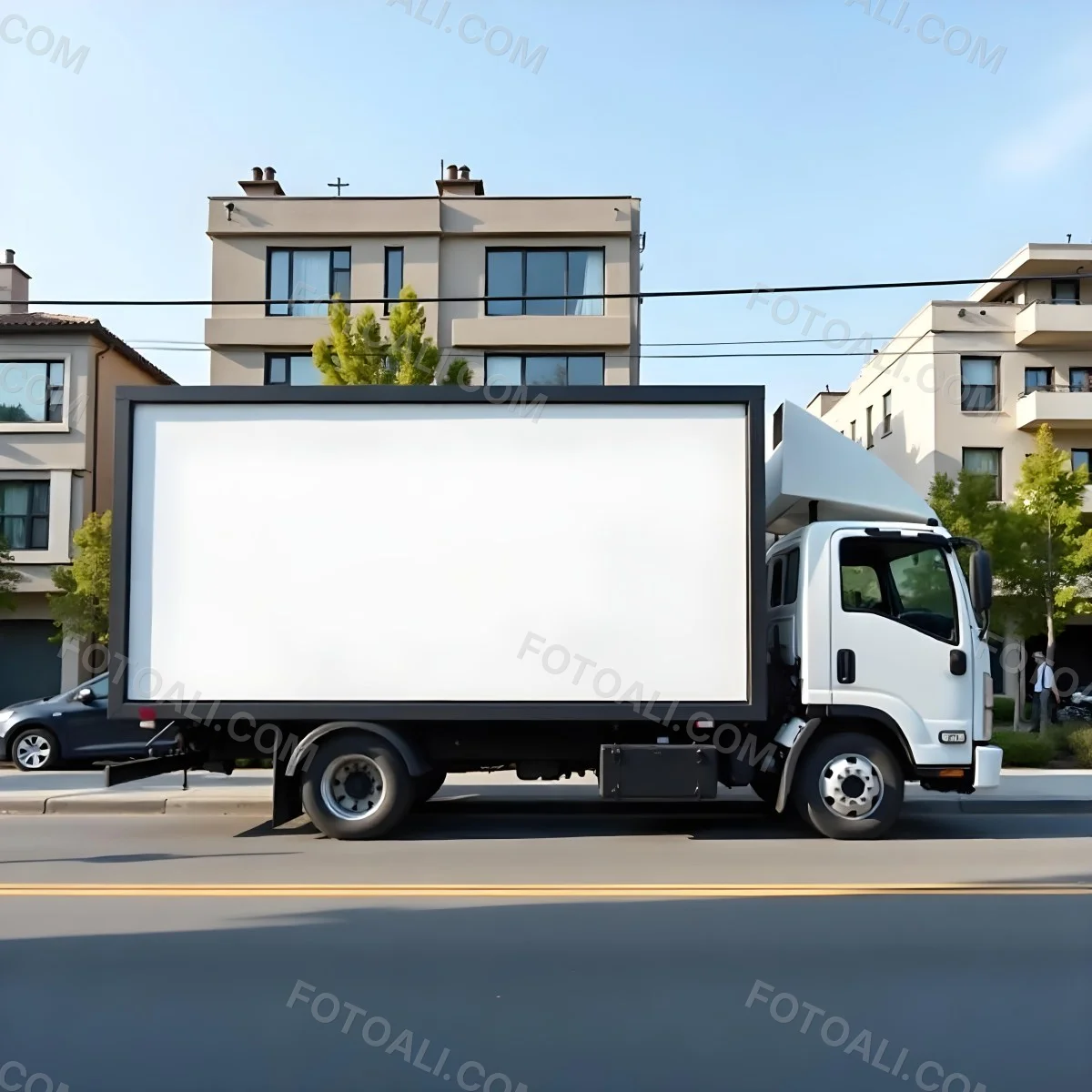 White Truck With A Blank Billboard On The Side Parked On The Street Buildings And Trees In The Background Sunny Day 18 6599