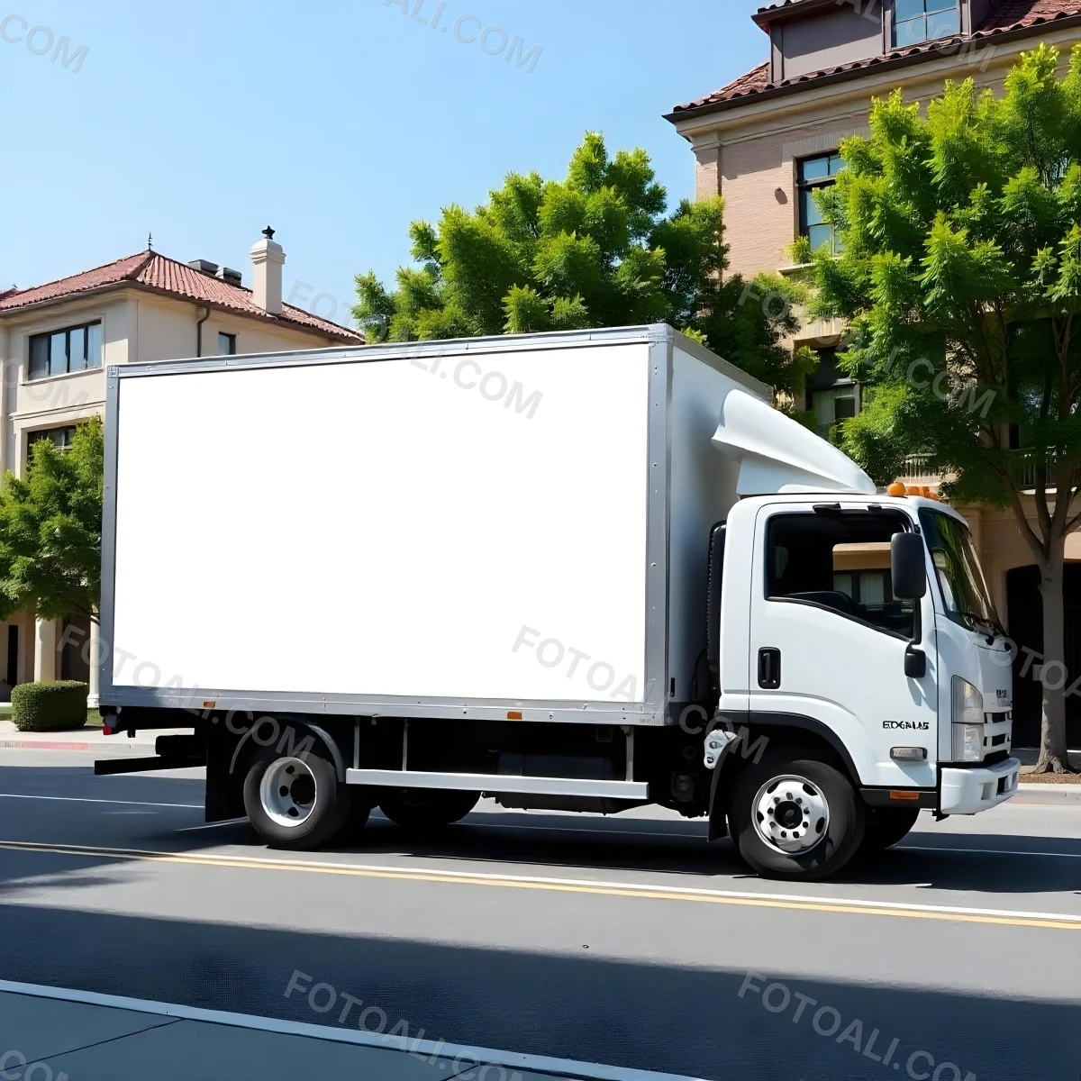 White Truck With A Blank Billboard On The Side Parked On The Street Buildings And Trees In The Background Sunny Day 23 Fdb8