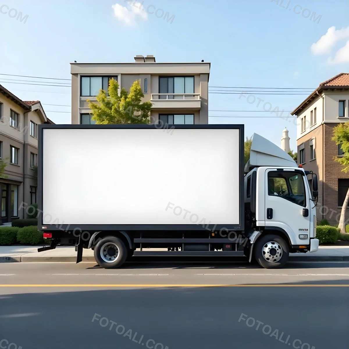 White Truck With A Blank Billboard On The Side Parked On The Street Buildings And Trees In The Background Sunny Day 27 A6f5
