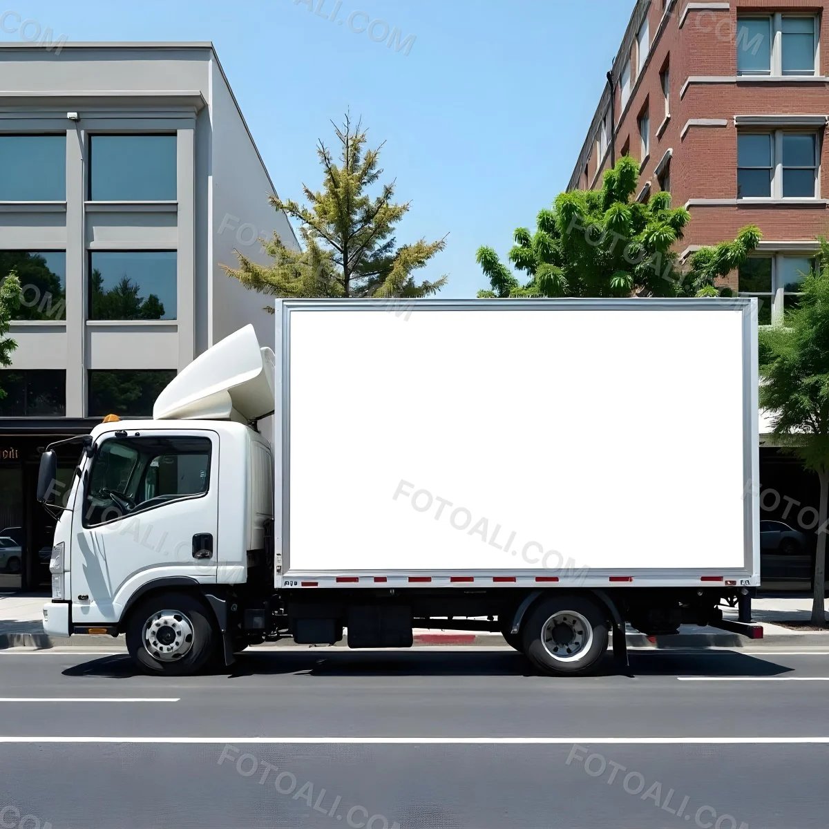 White Truck With A Blank Billboard On The Side Parked On The Street Buildings And Trees In The Background Sunny Day 4 F3ec