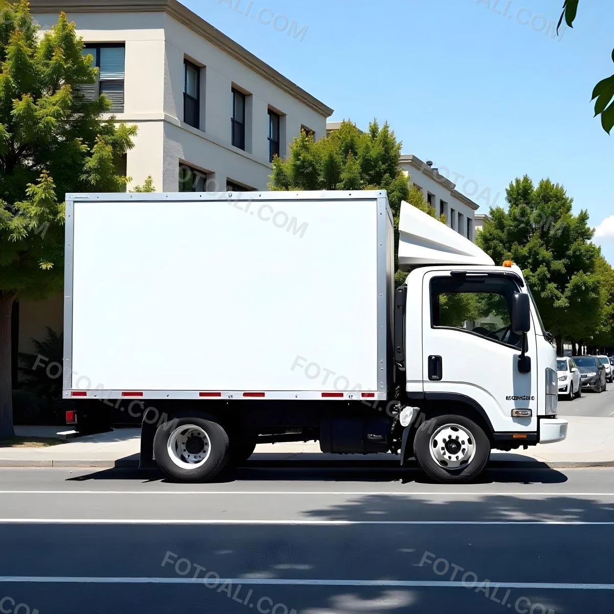 White Truck With A Blank Billboard On The Side Parked On The Street Buildings And Trees In The Background Sunny Day 7 Bc82