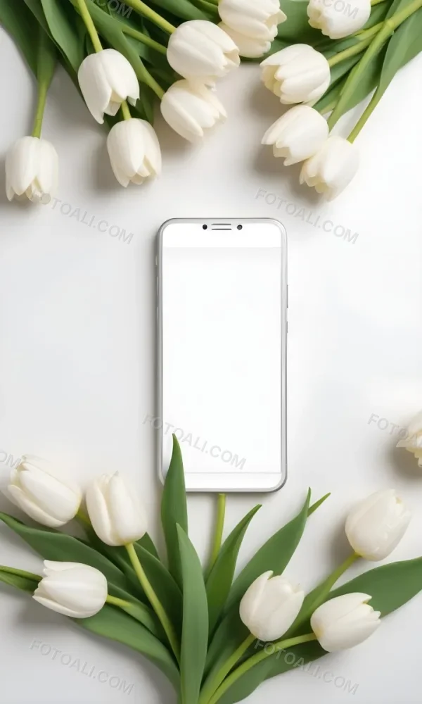 White Tulips Surrounding A Blank White Smartphone Or Mobile Device On A Light Background 10 4398