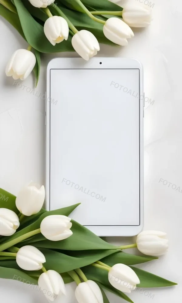 White Tulips Surrounding A Blank White Smartphone Or Mobile Device On A Light Background 14 8034