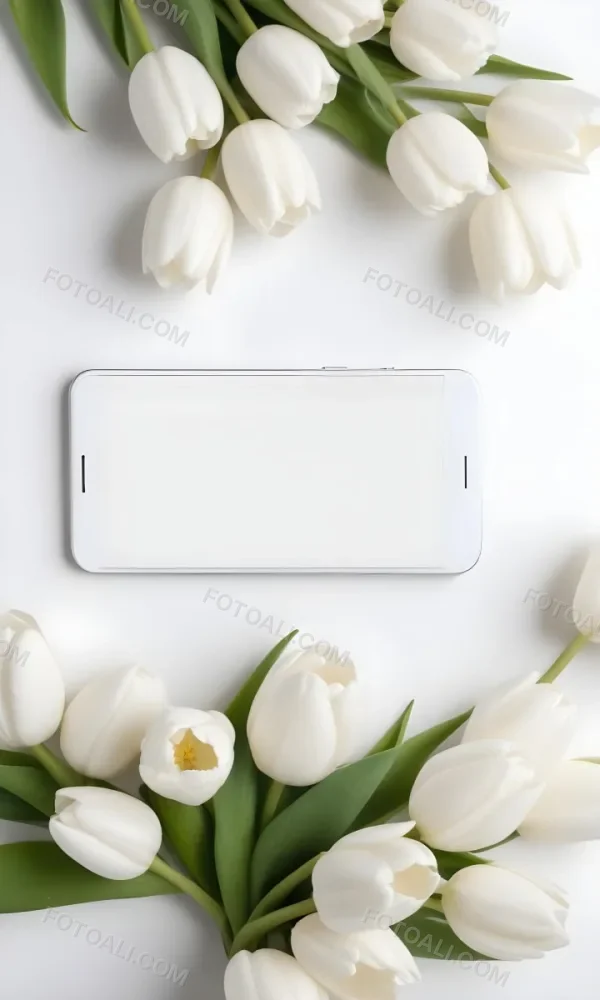 White Tulips Surrounding A Blank White Smartphone Or Mobile Device On A Light Background 17 D56a