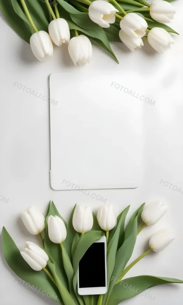 White Tulips Surrounding A Blank White Smartphone Or Mobile Device On A Light Background 18 62bf