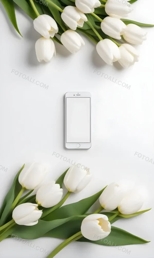 White Tulips Surrounding A Blank White Smartphone Or Mobile Device On A Light Background 19 4794