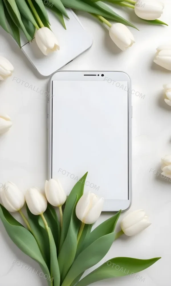 White Tulips Surrounding A Blank White Smartphone Or Mobile Device On A Light Background 3 E2ba