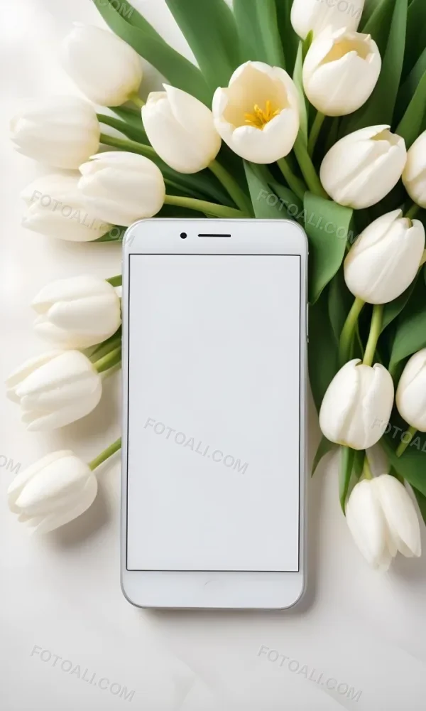 White Tulips Surrounding A Blank White Smartphone Or Mobile Device On A Light Background 7 D5f3