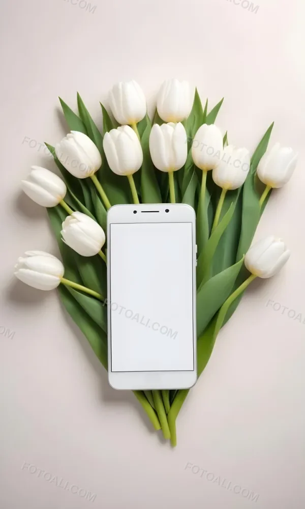 White Tulips Surrounding A Blank White Smartphone Or Mobile Device On A Light Background 9 1e48